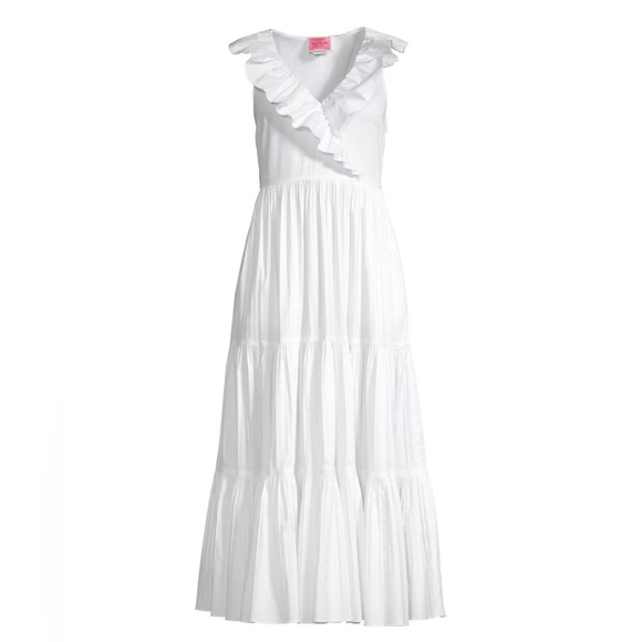 NWOT Kate Spade Poplin Ruffle V Neck Sleeveless Tiered Midi Dress White Size 12 - Picture 3 of 7